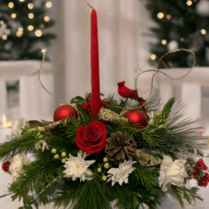 Elegant Christmas Centerpiece with Red Rose and Cardinal