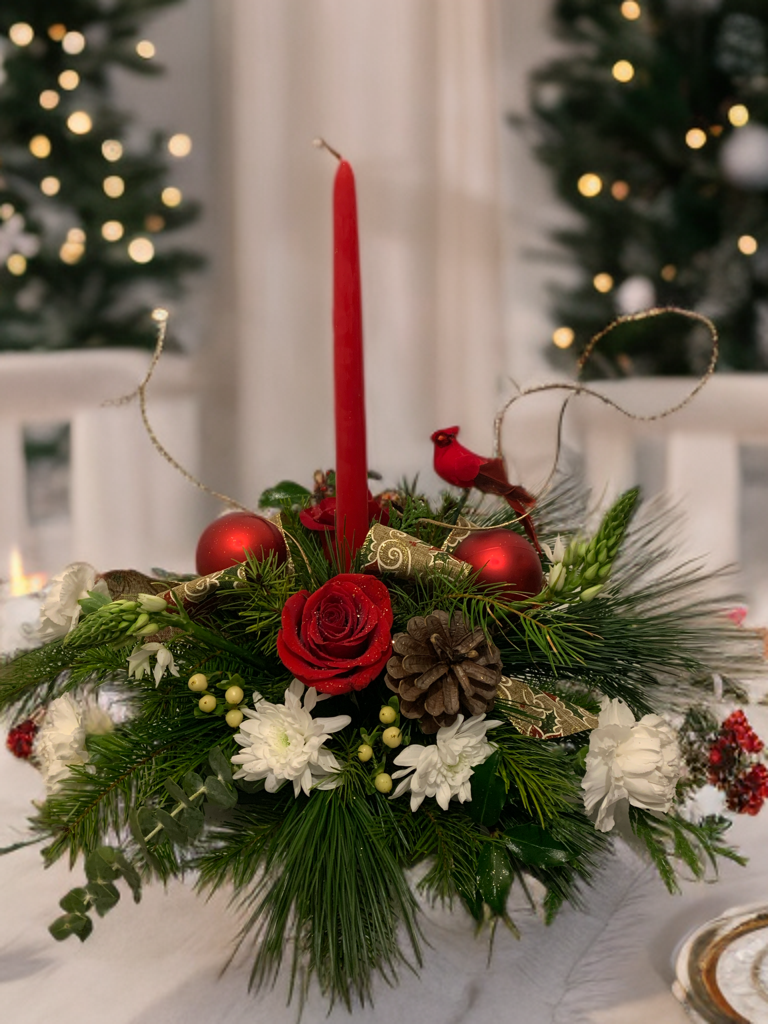 Elegant Christmas Centerpiece with Red Rose and Cardinal